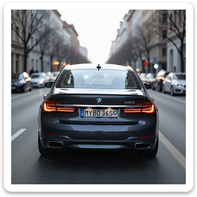 BMW Series 7 2022, rear view, photorealistic, driving in Bucharest, Romania, with a blurry city background and blurred number plates, highly realistic sticker