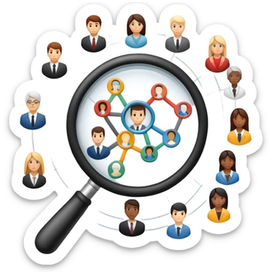 An icon featuring a network of interconnected people, a magnifying glass, and a chart, symbolizing sociology. The design includes diverse figures and social patterns, representing the study of society, behavior, and social structures. Transparent background highlights human interaction sticker