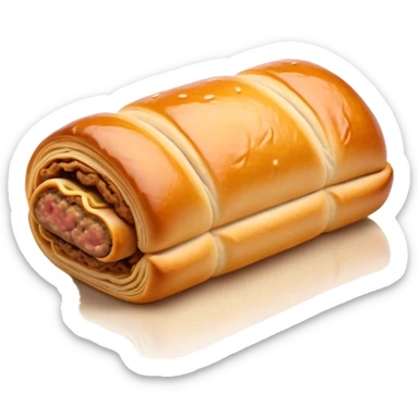Cinematic Realistic Sausage Roll Dish Emoji, depicted with a crisp, golden pastry wrapped around flavorful sausage, rendered with detailed textures and appetizing lighting. sticker