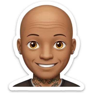 This is a cartoon-style avatar of a bald man with dark skin, golden-brown eyes, and several tattoos on his face, smiling with a lightly smile expression. sticker