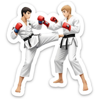 Two taekwondo fighters in traditional white doboks with black belts compete in a dynamic match. One executes a high spinning kick, while the other blocks skillfully. The background features a professional arena with bright lights and spectators. Transparent background. sticker