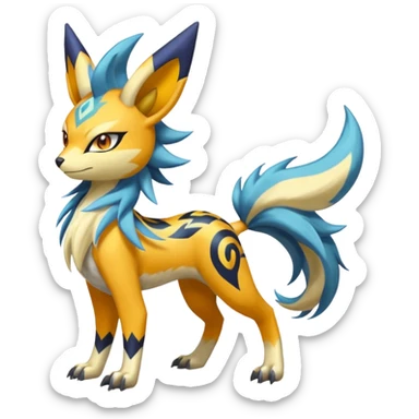 Feral Lightning-patterned Zig-zagged buzzy fuzzy Meloetta-Renamon-Zeraora-Luxray-Cobalion-Suicune-Vernid-fusion-hybrid-creature, full body  sticker