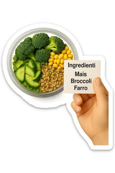 SU QUESTO STILE FAI UN EMOJI STILE IPHONE 3D DI UN INSALATA PRECONFEZIONATA DA SUPERMERCATO CON FOCUS SU ETICHETTA NUTRIZIONALE CON GLI INGREDIENTI IN ITALIANO TIPO: MAIS, BROCCOLI, FARRO, ACCANTO ALL'INSALATA CHE HA IN MANO C'è UN FOCUS SULL'ETICHETTA CON GLI INGREDIENTI SCRITTI, FALLO MOLTO REALISTICO IN 3D sticker