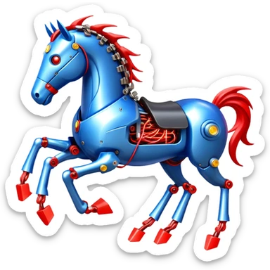 fast electric horse made of electricity, metal plates, bolts, visible blue and red wires, lightning coursing through its body, mechanical hooves sticker