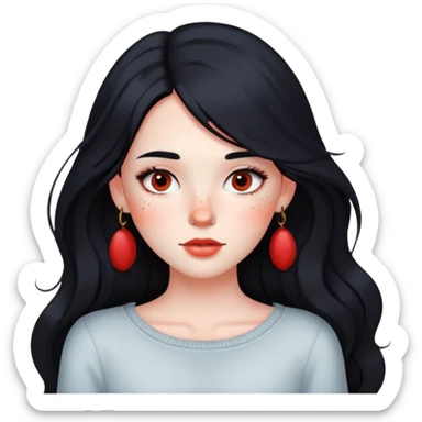 girl with long black hair, soft makeup, and red freckles across her cheeks sticker