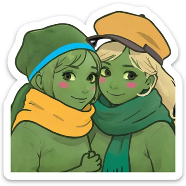 A blonde girl with long brown wavy hair hugs another girl with straight brown hair. sticker