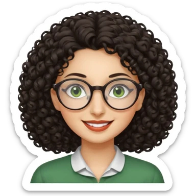 iranian woman, tight curly hair, glasses, green eyes, pretty, oval shape face sticker