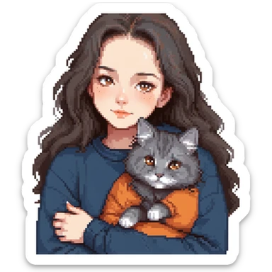 Brunette girl with dark blue sweatshirt snuggling a fluffy grey Siberian cat sticker