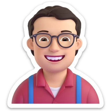 smiling dark-haired man with glasses, big teeth, standard male haircut, rural farmer sticker