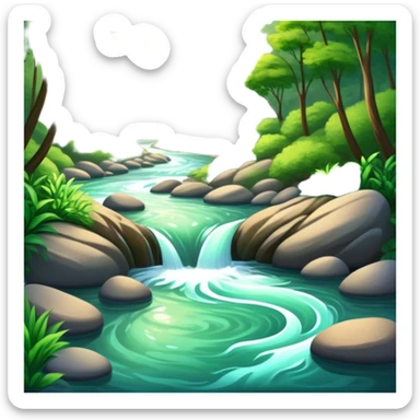 Cinematic Realistic River Emoji, Serene and flowing, with sparkling water meandering through lush greenery, surrounded by trees and rocks. The sun dances across the rippling surface, creating glimmering reflections while birds fly overhead. Soft glowing outline, capturing the essence of peacefulness and tranquility in a meandering river. sticker
