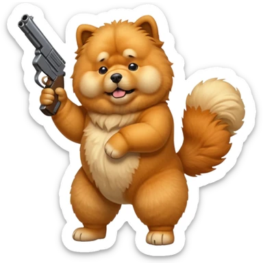 Funny cartoon-style chow chow dog standing on its hind legs and holding a gun menacingly sticker