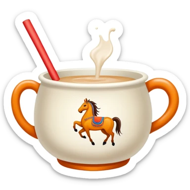 Mongolian milk tea bowl with horse-shaped handle, simplified emoji style with bold outlines and bright colors, cartoon style traditional nomadic drink sticker