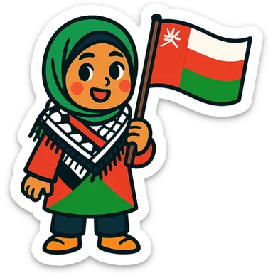 a hijab-wearing girl wearing the Palestinian keffiyeh and holding the Oman flag, vibrant toon style, colorful cartoon sticker