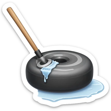 please, An icon featuring the curling rink, with its distinctive circles and a vibrant crowd in the stands. Snowflakes fall outside the arena, and bright lights illuminate the ice. a close-up curling stone sliding across the ice, with a broom nearby. Transparent background. sticker