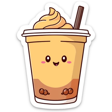 brown milk tea with a happy expression and boba pearls, soft mocha pastel tones, kawaii sticker