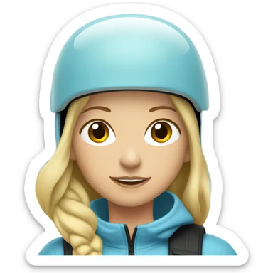Blonde girl skiing with light blue jacket and black helmet near tree sticker