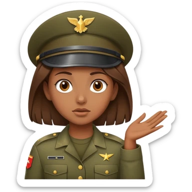 brown-skinned girl in army attire with brown hair, shrugging sticker