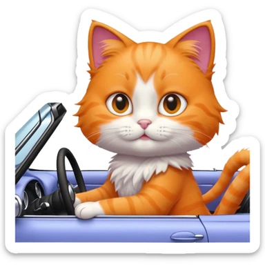orange kitty driving a periwinkle convertible, focus on the cat and car sticker