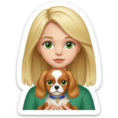 Blonde girl with green eyes holding her tricolour King Charles spaniel  sticker