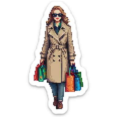 mystery shopper wearing trench coat and sunglasses, holding shopping bag, pixel art style sticker