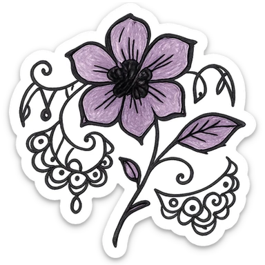gothic flower, sketchy, whimsical, gothic lace accents, black and purple sticker