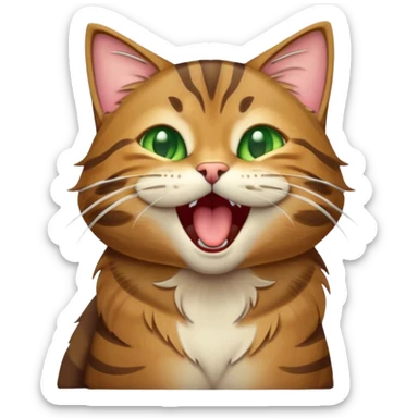 Cinematic Cute Yawning Brown Tabby Cat Portrait Emoji, Head tilted slightly with a dramatic, wide-open yawn, soft brown fur with bold tabby markings, long whiskers stretching forward, golden-green eyes barely open in drowsy contentment, Simplified yet irresistibly adorable features, highly detailed, glowing with a soft, cozy glow, high shine, relaxed yet expressive, stylized with a touch of whimsy, bright and endearing, soft glowing outline, capturing the essence of a sleepy yet affectionate kitty, so drowsy it feels like it could stretch right out of the screen and curl up for a nap! sticker
