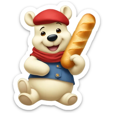 white winnie the pooh, parisien style with red beret on hair and baguette 🥖  on arms, in front of eiffel tower sticker