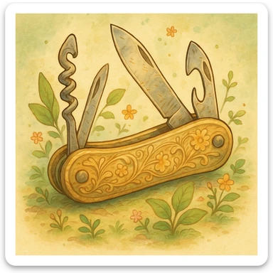 a multitool, like a pocket-knife with multiple tools, ghibli-inspired style, detailed and whimsical sticker