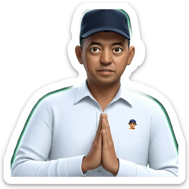 boy in white shirt with hat sticker