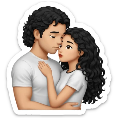 a strong man with short STRAIGHT black hair kissing a shorter girl with long black curly hair sticker