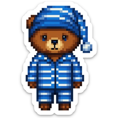Add a nightcap to the bear in striped pajamas in pixel art style. The style should resemble pixel art with clear pixelated details and colors. sticker
