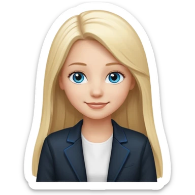 A white girl with long straight blonde hair, blue eyes and a white dress with a smiling black jacket sticker