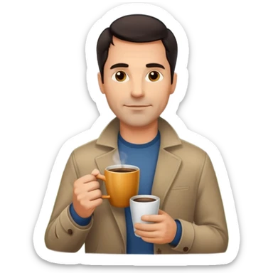 A handsome 45 year old white man with dark hair in a very foggy park with a city view drinking a cup of coffee sticker