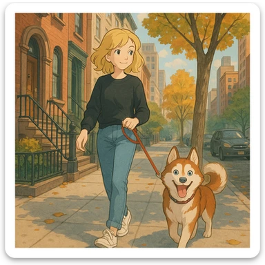 Cute Blonde woman wearing a black sweater and jeans and white sneakers walking a happy red-brown blue-eyed Siberian husky in New York City on an upper east side city sidewalk  sticker