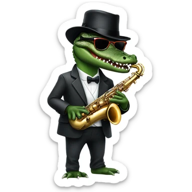 Gator with sunglasses and a bowler hat playing the saxophone  sticker