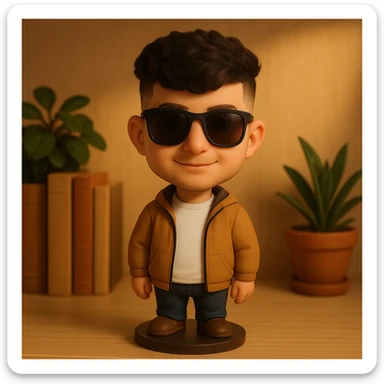 Create a bobblehead style portrait of the person in the reference image, wearing sunglasses, similar to the previous cat with sunglasses concept. Focus on capturing the bobblehead style with a playful and exaggerated head shape and sunglasses. sticker