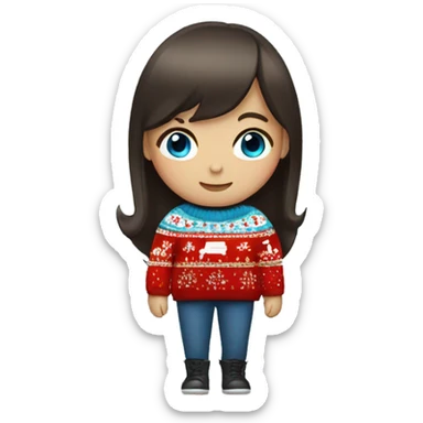 A girl with bangs of dark brown hair and blue eyes in a Christmas sweater sticker