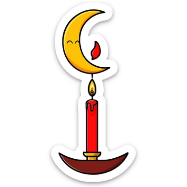 dripping red candle in a gold holder with a crescent moon in the background sticker