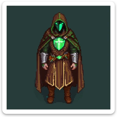 Marathon M1 S'pht compiler with brown cloak, green glowing light, metallic mantle pauldron, classic polaroid photo style, 1990s game screenshot, nostalgic faded quality sticker