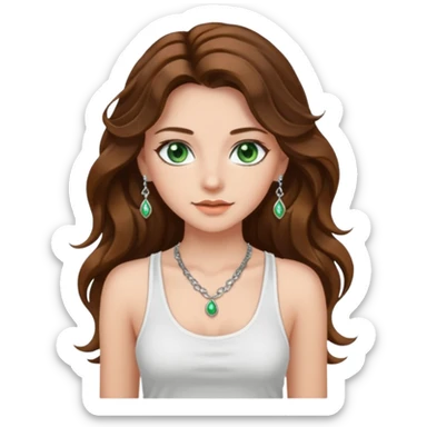 A girl with long brown wavy  hair, green eyes, and a white tank top; she doesn't have bangs. she wear a lot of silver jewerly  sticker