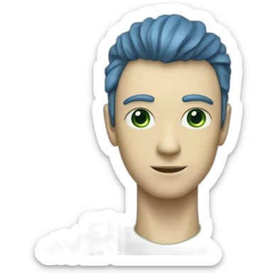 robot with a human head, very thin face, clear cheekbones, green slightly narrow eyes, blue disheveled shoulder-length hair, human complexion, man, light pale face sticker