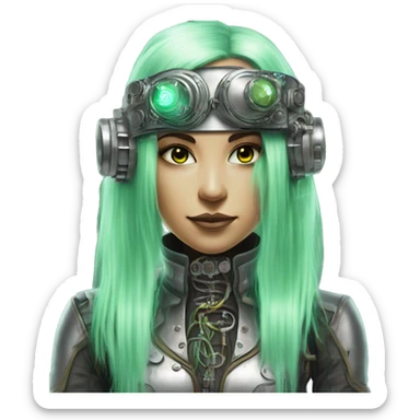 Light green long hair female cyborg head with silver steampunk goggles used as a headband and circuits sticker