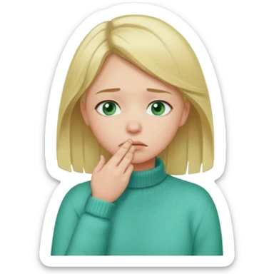 blonde girl in green jumper with hand on throat, sad sticker
