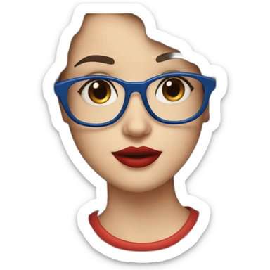 caucasian woman with retro glasses, dark brown hair, bangs, red lipstick, blue and white striped t shirt sticker