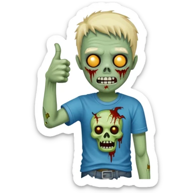 A cute, cheerful, full-length zombie is standing, holding out a hand and a thumbs-up sign. sticker