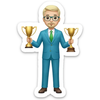 Full Body white fat male  wearing glasses with a goatee with light blonde gray very short hair basketball head Coach in blue and green suit holding trophy sticker