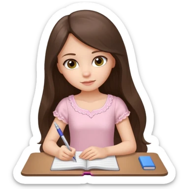 white brunette girl long hair with hazel eyes in a light pink dress writing in a notebook sticker