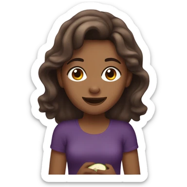 Girl with tan skin brown hair and brown eyes with wavy hair eating an eggplant sticker