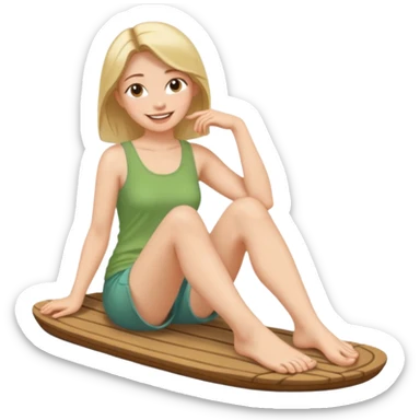 a woman sitting barefoot with one talking detailed pretty face on each foot's sole sticker