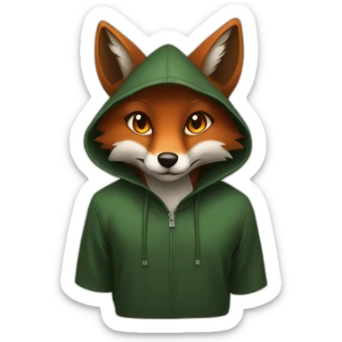 a small dark brown fox with orange eyes with a dark green hood that smile sticker